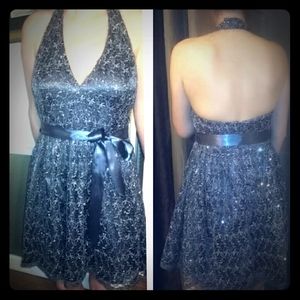 Adrianna Pappell Metalic Lace Halter dress